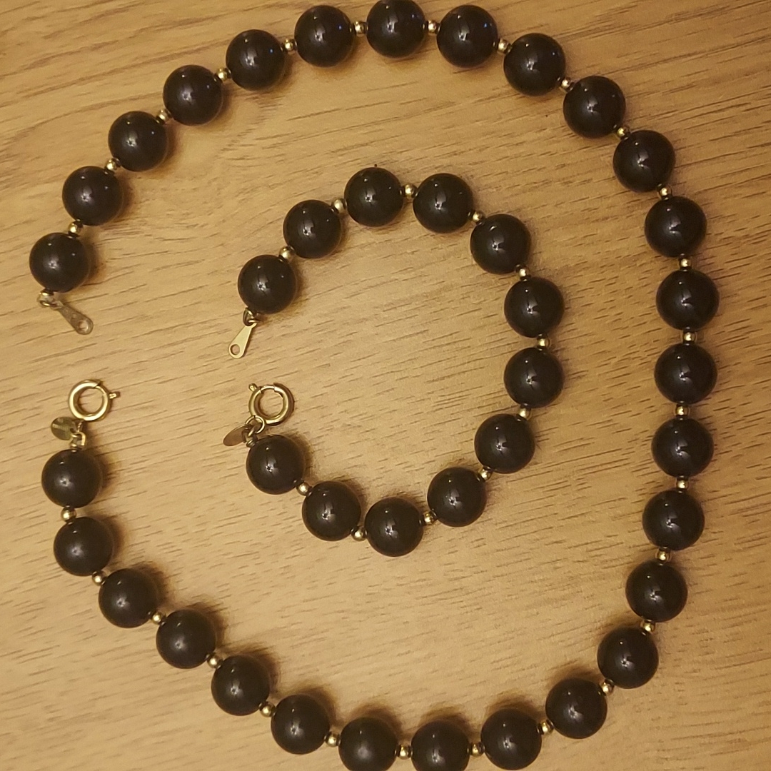Black And Gold Beads Necklace And Matching Bracelet